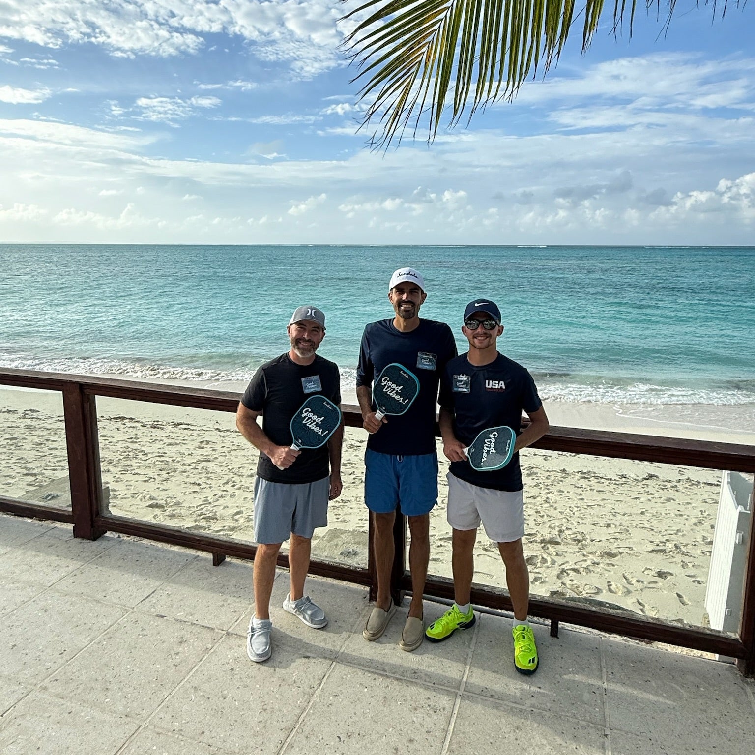 Three men holding paddles by a beach with palm leaves and ocean view